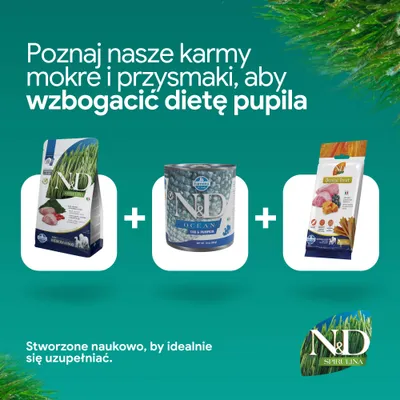 N&D Spirulina karma sucha, N&D Ocean karma mokra i N&D Dental Treats. Opracowane, aby uzupełnić żywienie Twojego zwierzaka. N&D Spirulina karma sucha, N&D Ocean karma mokra i N&D Dental Treats. Opracowane, aby uzupełnić żywienie Twojego zwierzaka.