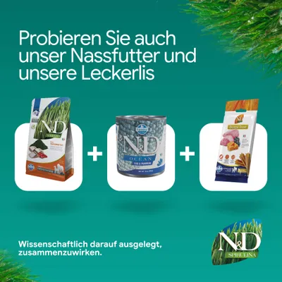 N&D Spirulina Trockenfutter, N&D Ocean Nassfutter und N&D Dental Treat Leckerli. Wissenschaftlich darauf ausgelegt, zusammenzuwirken. N&D Spirulina Trockenfutter, N&D Ocean Nassfutter und N&D Dental Treat Leckerli. Wissenschaftlich darauf ausgelegt, zusammenzuwirken.