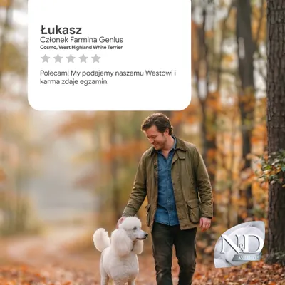 Ocena Łukasza, członka Farmina Genius: Cosmo, West Highland White terier. Tekst rekomendacji i skala ocen z 5 kryteriami. Logo N&D White w prawym dolnym rogu.