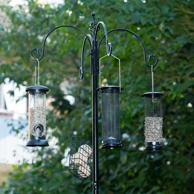 Vogel-Futterstation mit vier hängenden Behältern: zwei für Samen, einer für Fettblöcke und einer aus Metallgitter. Geeignet für verschiedene Vogelarten im Garten.