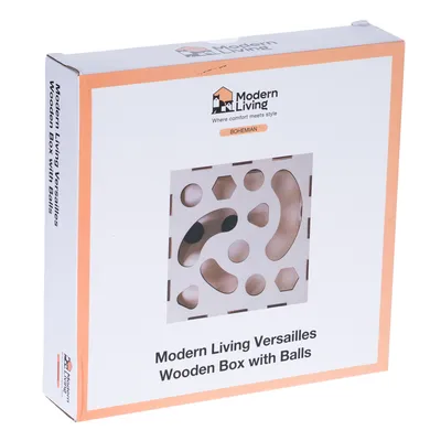 Emballage Modern Living Versailles Wooden Box with Balls, texte visible : Where comfort meets style, BOHEMIAN. Boîte en bois avec ouvertures de formes variées.