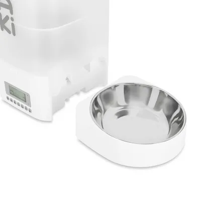 Automatischer Futterspender mit digitalem Display und Edelstahl-Futterschale. Geeignet für präzise Portionskontrolle.