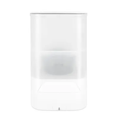 Transparenter weisser Futterspender mit Sichtfenster und integriertem Ausgabebereich unten.