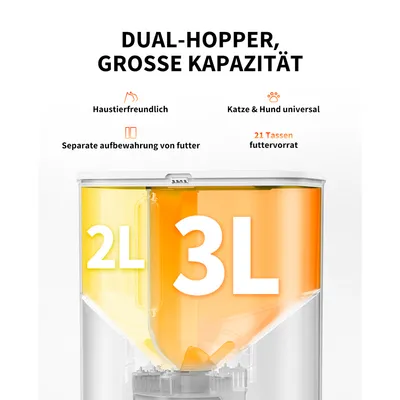 Dual-Hopper mit großer Kapazität: 2L und 3L Behälter, separate Aufbewahrung von Futter, haustierfreundlich, universell für Katze & Hund, 21 Tassen Futtervorrat.