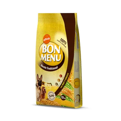 Affinity Bon Menu Rezept Traditionell, 15 kg. 100% teljes értékű és kiegyensúlyozott, mesterséges összetevők nélkül, Bulky Cereals-szel. A csomagoláson két kutya és gabonagrafika látható.