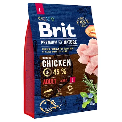 Brit Premium by Nature, kanaa 45 %, aikuisille suurille koirille (25–45 kg), Adult Large L, GMO free soy, näkyvissä myös lohi, mustikka ja rosmariini