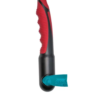 Red and black handle with integrated dispenser for blue dog waste bags, bag with fish pattern visible.
