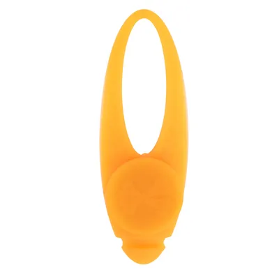 Orangefärgad leksak i silikon i benform med ovalt handtag och präglat benmotiv.