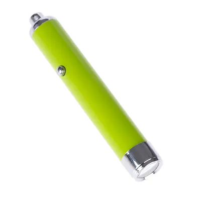 Grøn laserpointer med sølvfarvede detaljer og trykknap, egnet til interaktiv leg.