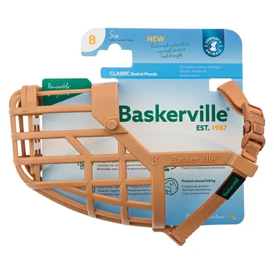 Baskerville Classic botniță mărimea 8, curea detașabilă, previne linsul rănilor. Material nou pentru confort și rezistență. Company of Animals din 1987.