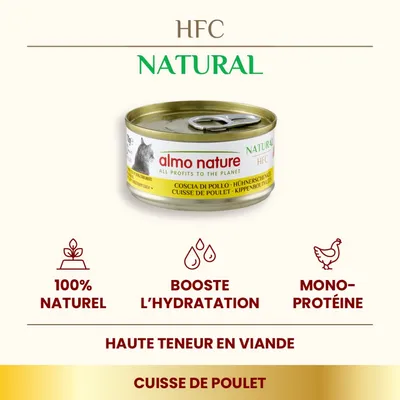 almo nature HFC Natural cuisse de poulet, boîte pour chat. 100 % naturel, booste l’hydratation, mono-protéine, haute teneur en viande. Texte visible en français et anglais.