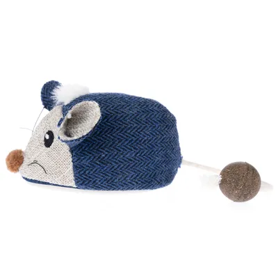 Fabric toy mouse in blue with white tail and brown ball at the end. Suitable for interactive play.