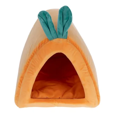 Niche pour animal en tissu orange avec coussin intégré et deux oreilles vertes sur le dessus, entrée triangulaire visible à l'avant.