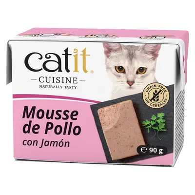 catit CUISINE Mousse de Pollo con Jamón, sans céréales, 90 g. Texte en espagnol sur l’emballage, image d’un chat et d’une portion de mousse avec persil.