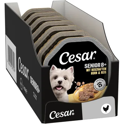 Cesar Senior 8+ with hearty chicken & rice, supports the health of older dogs, several trays visible in black packaging. Cesar Senior 8+ with hearty chicken & rice, supports the health of older dogs, several trays visible in black packaging.