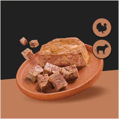 Köttbitar och paté på en brun tallrik, bredvid symboler för kalkon och nötkött som ingrediensinformation. Köttbitar och paté på en brun tallrik, bredvid symboler för kalkon och nötkött som ingrediensinformation.