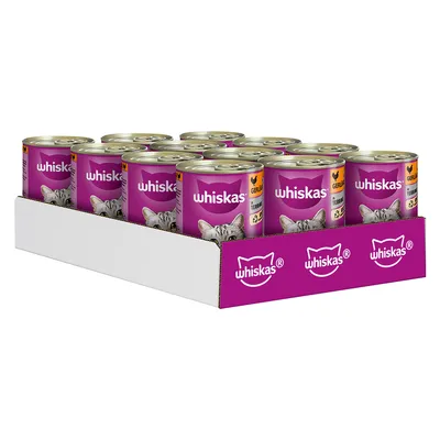 Whiskas hrana za mačke v pločevinkah, okus perutnina. Več pločevink v beli in vijolični škatli.