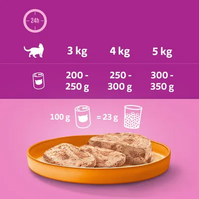 Priporočilo za hranjenje mačk: 3 kg telesne teže 200–250 g, 4 kg 250–300 g, 5 kg 300–350 g dnevno. 100 g mokre hrane ustreza 23 g suhe hrane.