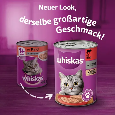 Whiskas med oksekød i terrine, nyt udseende, samme gode smag. 400g dåse, 100% genanvendelig, egnet til katte fra 1 år.