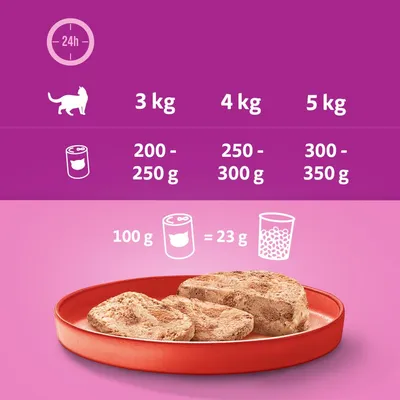 Priporočilo za hranjenje mačk: 3 kg telesne teže 200–250 g, 4 kg 250–300 g, 5 kg 300–350 g dnevno. 100 g mokre hrane ustreza 23 g suhe hrane.