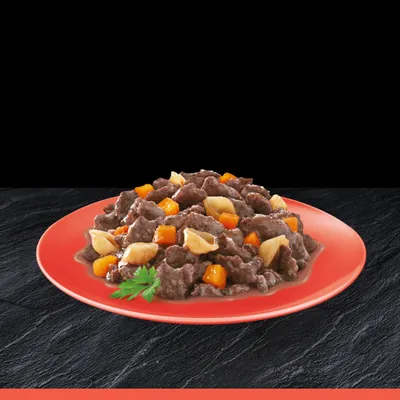 Piatto rosso con bocconcini di carne in salsa, pezzi arancioni e gialli visibili, decorato con foglia verde. Nessun marchio o testo visibile.