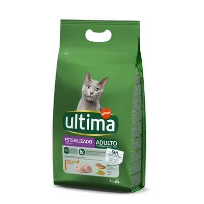 Ultima Sterilizado Adulto cibo per gatti con pollo, adatto a gatti sterilizzati da 1 anno. Senza zuccheri aggiunti, contiene cereali e verdure. Confezione: 3 kg.