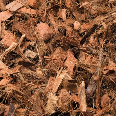 Primer plano de fibras de coco y trozos de madera, adecuado como cobertura natural del suelo o lecho.