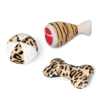 Toy set consisting of a fabric bone with leopard pattern and a fabric drumstick with tiger stripes.