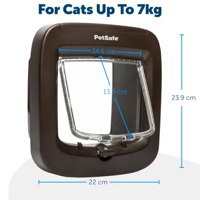 PetSafe cat flap for cats up to 7kg. Dimensions: outer frame 23.9cm x 22cm, opening 14.6cm x 13.5cm.