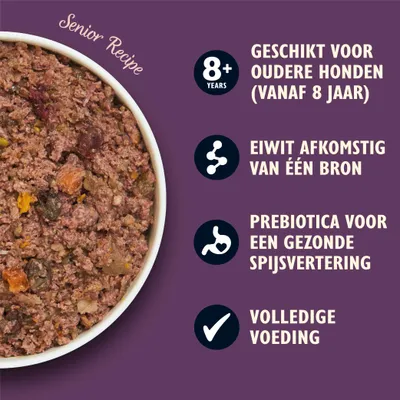 Senior Recipe natvoer, geschikt voor oudere honden vanaf 8 jaar, eiwit afkomstig van één bron, prebiotica voor gezonde spijsvertering, volledige voeding. Tekst in beeld.