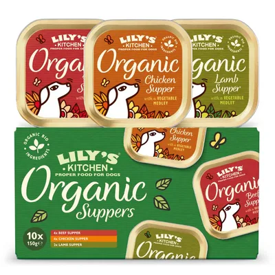 Lily's Kitchen Organic Suppers multipack with 10 trays: 4 beef supper, 4 chicken supper, 2 lamb supper, each with a vegetable medley. Label states organic bio ingredients.