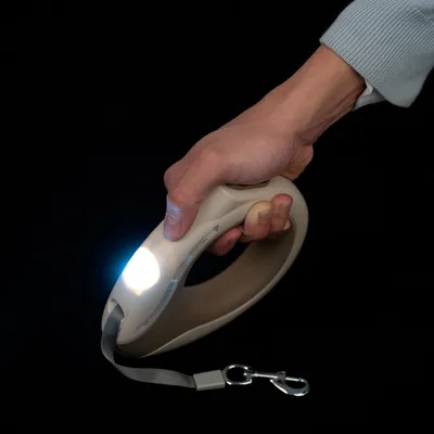 Mano che tiene un guinzaglio beige per cani con luce LED integrata e moschettone in metallo. Adatto per passeggiate al buio.
