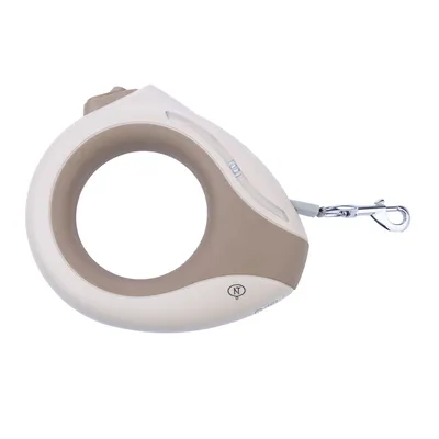 Guinzaglio avvolgibile beige e bianco con manico ergonomico e moschettone argento.