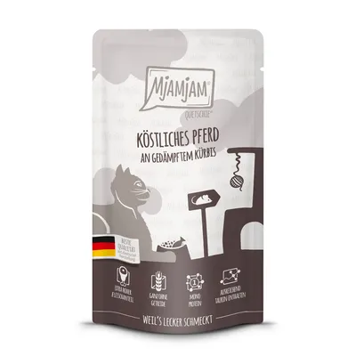 Mjamjam Quetschie, delizioso cavallo con zucca cotta a vapore. Alta qualità tedesca, alto contenuto di carne, senza cereali, monoproteico, contiene taurina.