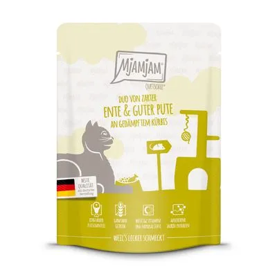 Mjamjam Duo von zarter Ente & guter Pute an gedämpftem Kürbis kattenvoer, Duitse vlag met 'Beste Qualität', pictogrammen voor ingrediënten en productie, tekst deels in het Duits.