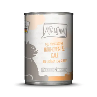 MjAMjAM Duo von zartem Hühnchen & Kalb an gedämpftem Kürbis. Getreidefrei, viel Fleisch. Hergestellt in Deutschland.