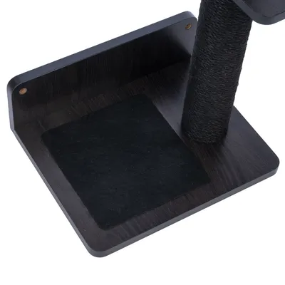 Base d’arbre à chat en bois foncé avec poteau recouvert de corde noire et tapis carré noir fixé sur la plateforme.