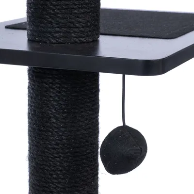 Détail d’un arbre à chat noir avec poteau en corde, plateforme carrée et balle suspendue par une ficelle.