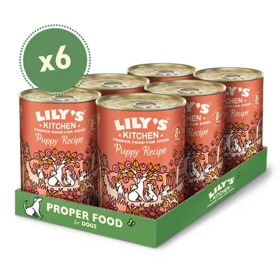 Six cans of Lily's Kitchen Puppy Recipe proper food for dogs, displayed in a green tray with 'Proper Food for Dogs' text and a label showing x6.