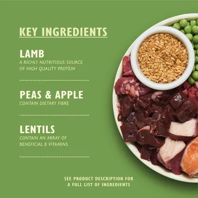 Key ingredients: lamb as a source of high quality protein, peas and apple for dietary fibre, lentils with beneficial B vitamins. See product description for full ingredient list.