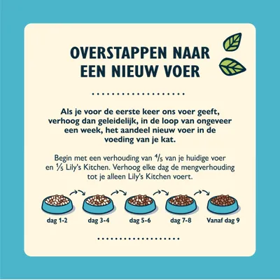 Overstappen naar een nieuw voer: geleidelijke overgang in 5 stappen met mengverhouding huidig voer en Lily's Kitchen, van dag 1–2 tot alleen Lily's Kitchen vanaf dag 9. Zie afbeelding voor details.