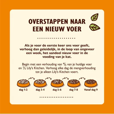 Overstappen naar een nieuw voer: geleidelijk mengen van huidig voer met Lily's Kitchen in 4 stappen over 9 dagen, tot alleen Lily's Kitchen wordt gevoerd. Uitleg en mengverhoudingen zichtbaar.