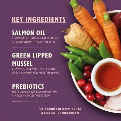 Key ingredients: salmon oil for heart health, green lipped mussel for healthy joints, prebiotics for digestive system. See product description for full list of ingredients.