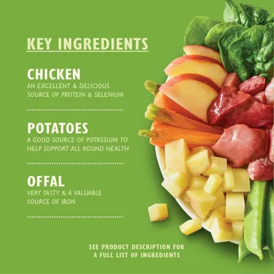Key ingredients: chicken provides protein and selenium, potatoes offer potassium for health, offal is a source of iron. See product description for full ingredient list.