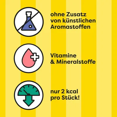 brez dodanih umetnih arom, vitamini in minerali, le 2 kcal na kos.