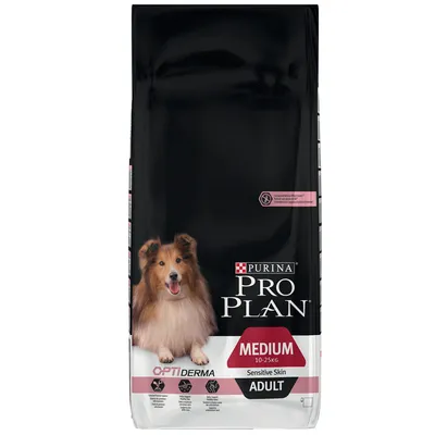 Sacchetto di crocchette per cani Purina Pro Plan Medium 10–25 kg, Optiderma, Sensitive Skin, Adult. Immagine di un cane a pelo lungo sulla confezione.