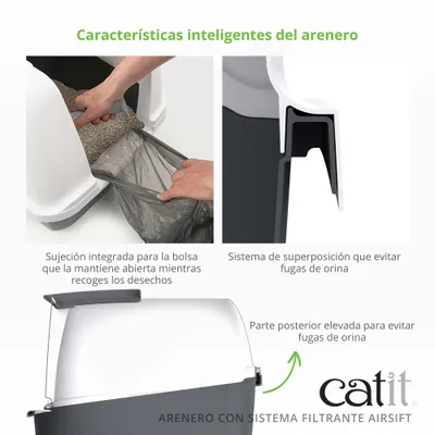 Caja de arena para gatos con soporte integrado para bolsas de basura, protección contra desbordamiento y parte trasera elevada para evitar la salida de orina. Marca: catit. Sistema filtrante Airsift.