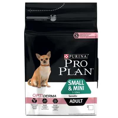Purina Pro Plan Small & Mini 1–10 kg Sensitiv Adult koiranruokapakkaus, OptiDerma. Pakkauksessa pieni koira ja kuvakkeita tuotteen ominaisuuksista.