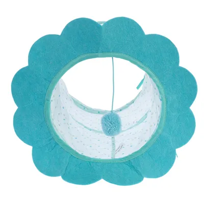 Blue play tunnel with flower shape and hanging pompom, dotted inner pattern.