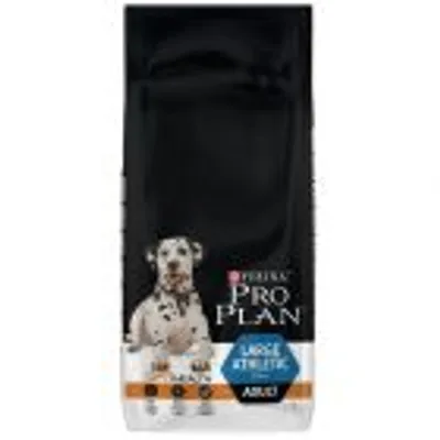 Opakowanie karmy Purina Pro Plan Large Athletic Adult, widoczna nazwa marki i produktu oraz grafika psa na przedniej etykiecie.
